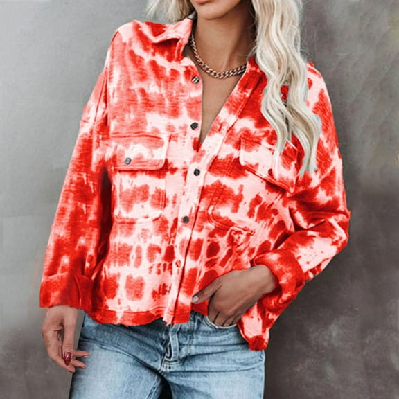 ICHUANYI 2023 Womens Tie dye Shirts Lapel Button Down Long Batwing Sleeve Blouses V Neck Casual Loose Tops