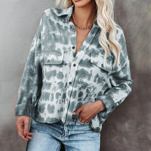 ICHUANYI 2023 Womens Tie dye Shirts Lapel Button Down Long Batwing Sleeve Blouses V Neck Casual Loose Tops