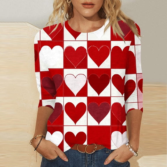 ICHUANYI 3/4 Length Sleeve Womens Tops Round Neck Loose Cute Heart Fall Summer Tee Shirts Dressy Valentine's Print Blouses Tunic