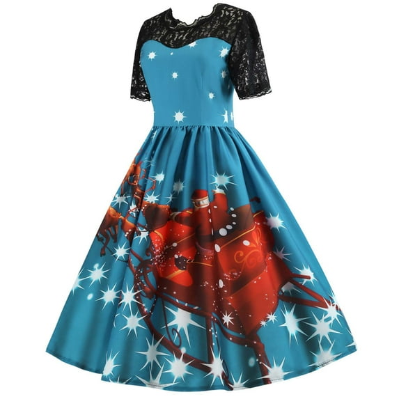 ICHUANYI Christmas Women's Short Sleeve Print Vintage Gown Spring Summer Fashion 2024