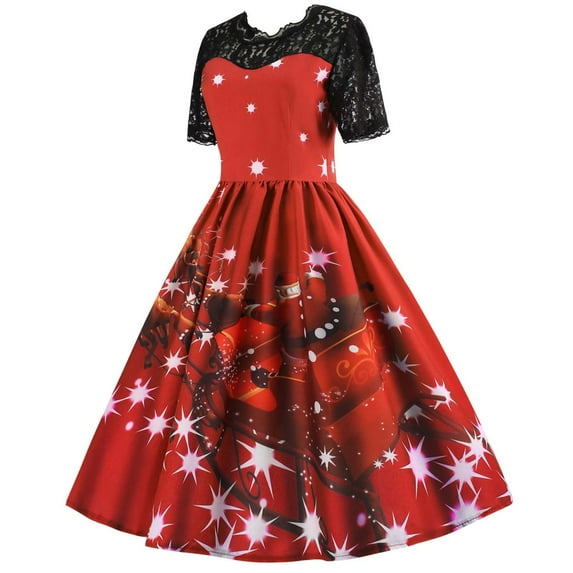 ICHUANYI Christmas Women's Short Sleeve Print Vintage Gown Spring Summer Fashion 2024