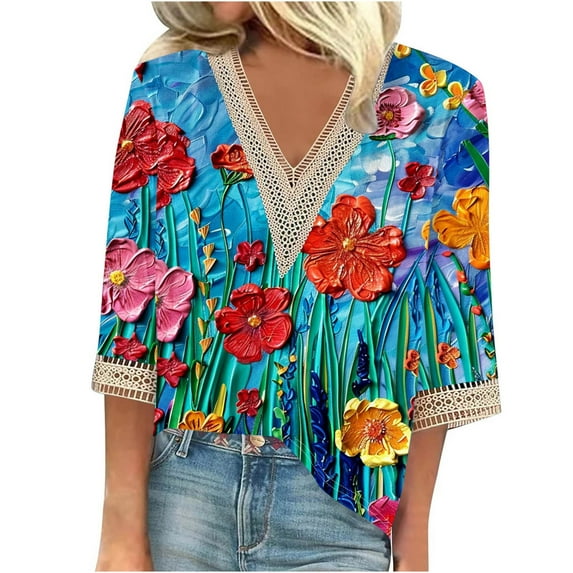 ICHUANYI Fall Shirts for Women, New Trendy Women's Summer V-Neck Pullover 3/4 Sleeve Lace Splicing Solid Casual T-shirt Blouse Top Outwear Streetwear 2024