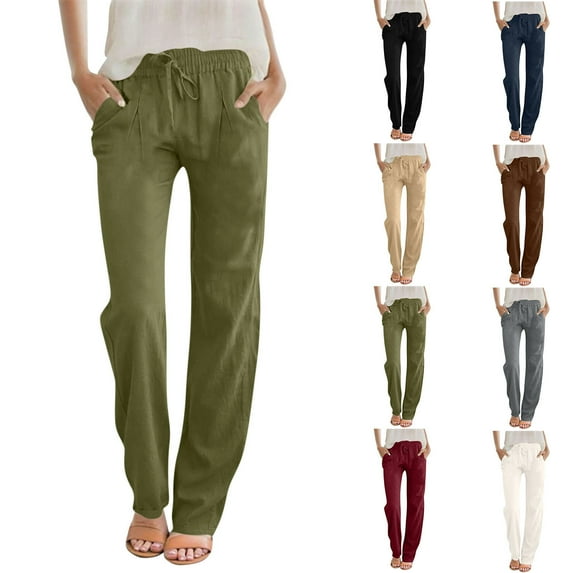 ICHUANYI Fashion Women Solid Color Linen Sashes Straight Casual Long Pants Trousers Pocket Pleated Long Pants