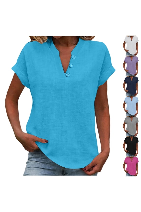 ICHUANYI Fashion Women’s Solid Short Sleeve V-Neck Button Top Stylish Women Henley Casual Summer Tops 2026