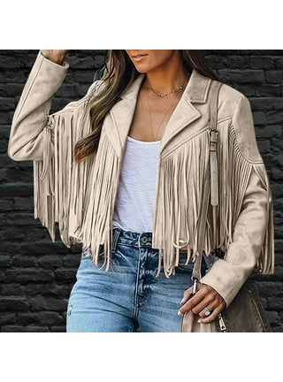 Fringe Jacket Women Western Faux Suede Leather Cardigan Jacket Cowboy Style  Long Sleeve Solid Color Tassels Coat 