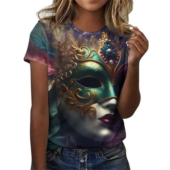 ICHUANYI Mardi Gras Fashion Women's Casual Short Sleeve Print Crew Neck Top T-shirt Cloth New Trending