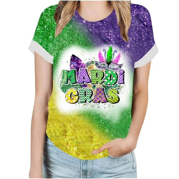 ICHUANYI Mardi Gras Women's Fashion Casual Short Sleeve Print Crew Neck Top T-shirt Cloth New Trending