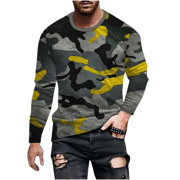 ICHUANYI Men's Fashion Camouflage Long Sleeve T-shirt Round Neck Pullover Casual Sports Shirt