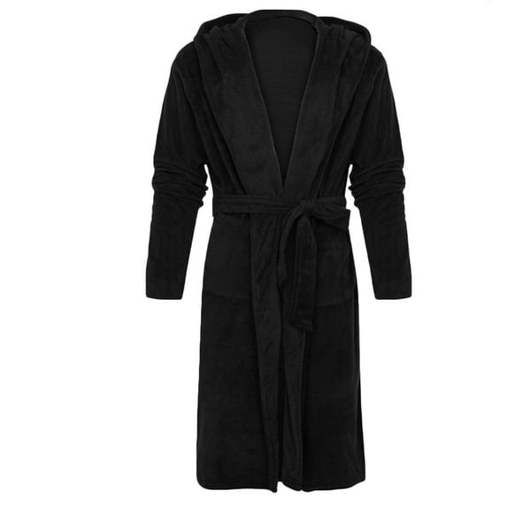 ICHUANYI Mens Fashion Fuzzy Sleepwear Solid Casual Waist Tie Pocket Long Sleeve Hooded Bathrobe