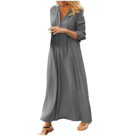ICHUANYI New Trending Womens Casual Solid V Neck High Waist Long Sleeve Long Dress Fashion Cloth 2024