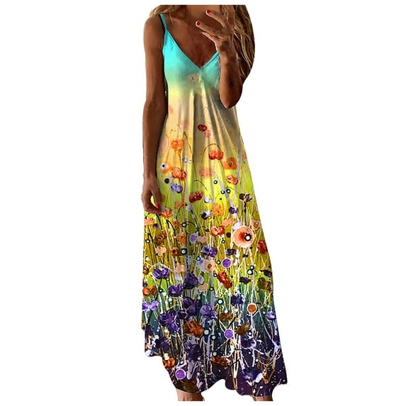 ICHUANYI New Trending Womens Dress V Neck Casual Print Casual Sleeveless Loose Long Dress Spring Summer Clothing