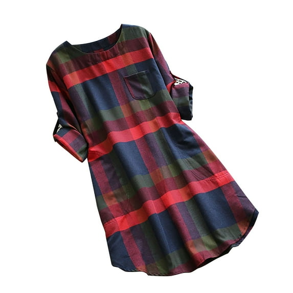 ICHUANYI New Trending Womens Ladies Plaid Long Sleeve Loose Pocket Vintage Dress Spring Summer Clothing