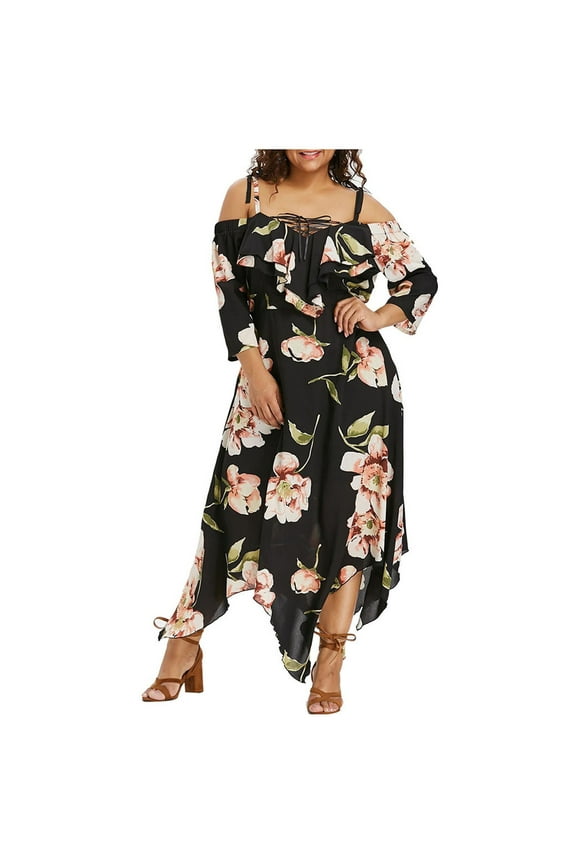 ICHUANYI New Trending Womens Off Shoulder Plus Size Lace Up Maxi Flowing Floral Print Dress Spring Summer Clothing