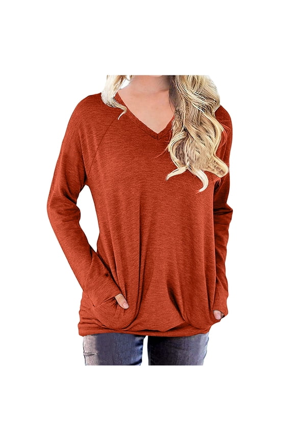 ICHUANYI Oversized Tshirts Shirts For Women Solid Workout Sweatshirts Casual Basic Long Sleeve Shirt Classic Crew V-Neck Tops New Trend