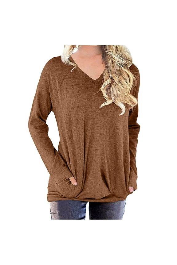 ICHUANYI Oversized Tshirts Shirts For Women Solid Workout Sweatshirts Casual Basic Long Sleeve Shirt Classic Crew V-Neck Tops New Trend