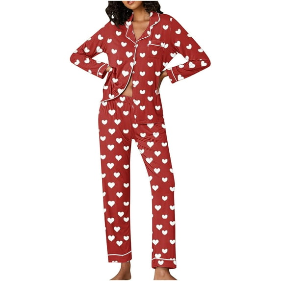 ICHUANYI Pajamas Women's Valentine's Day Pajama Gift Set Hearts Print Long Sleeve Sleepwear Loungewear Pjs Lounge Set Nightwear Summer Deal