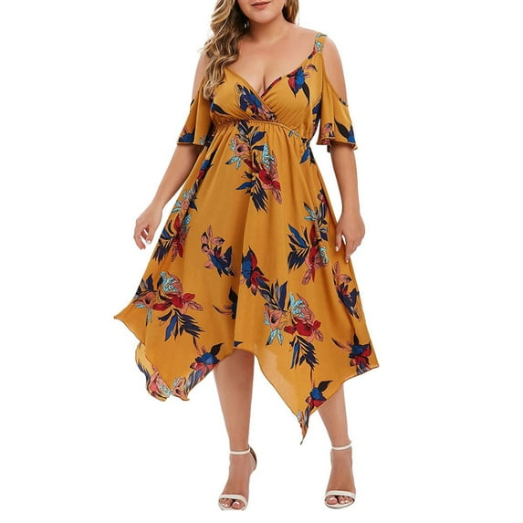 ICHUANYI Plus Size New Trending Womens Elegant Floral Print Short Sleeve V Neck Cold Shouder Sling Dresses Spring Summer Fashion 2024
