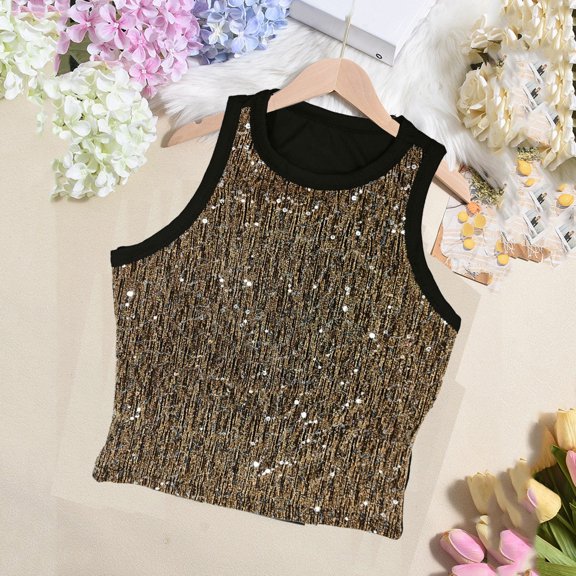 ICHUANYI Sequin Tank Top for Women Casual Sexy Sleeveless Glitter Slim Fit Going Out Party