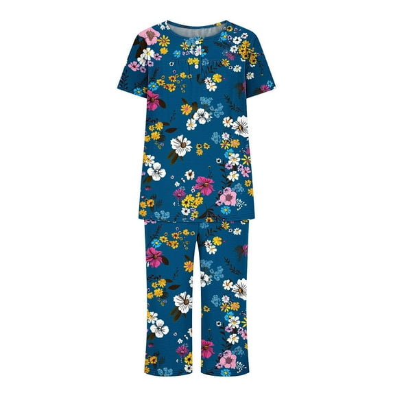 ICHUANYI Two Piece Set Women's Pajama Sets Short Sleeve Crewneck Print Tops Pants Set