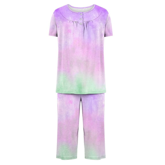 ICHUANYI Two Piece Set Women's Pajama Sets Short Sleeve Crewneck Print Tops Pants Set