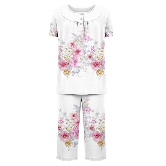 ICHUANYI Two Piece Set Women's Pajama Sets Short Sleeve Crewneck Print Tops Pants Set