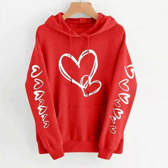 ICHUANYI Valentine Day Women's Hoodies Pullover Cute Heart Sweatshirts Long Sleeve Tops Hooded Sweatshirt