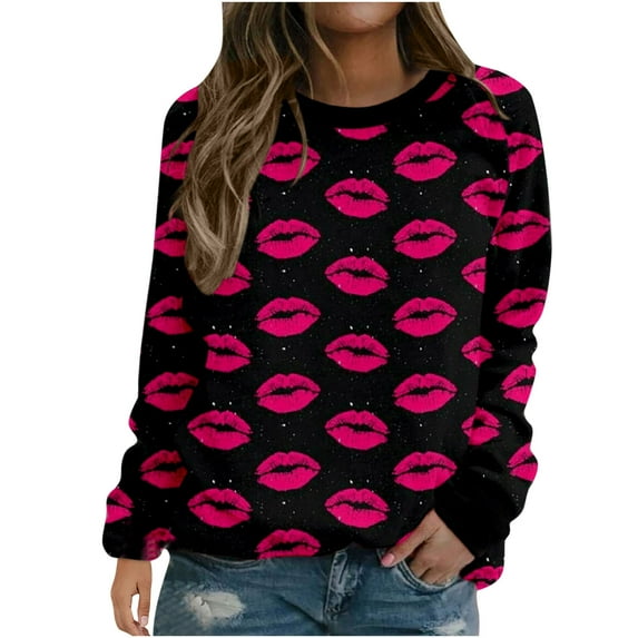 ICHUANYI Valentine Fashion Womens Sweatshirt Crew Neck Long Sleeve Print Shirt Casual Loose Tops Pullover