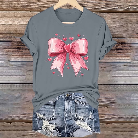 ICHUANYI Valentine's Prints Bow Shirt for Women Graphic Tees Short Sleeve Tee Top Round Neck Short Sleeved T-shirt Top