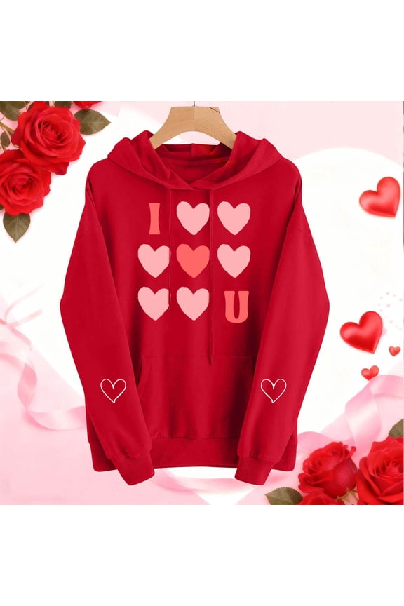 ICHUANYI Valentines Day Love Heart Printed Hoodies for Women Long Sleeve Shirts Crewneck Sweatshirts Spring Fashion Clothing Top