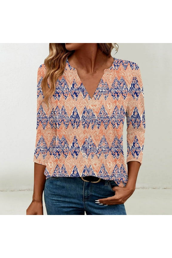 ICHUANYI Women 3/4 Sleeve Fashion Print Sleeve Blouse Women Plus Size Short Sleeve Tees T-Shirt Casual V Neck Tops