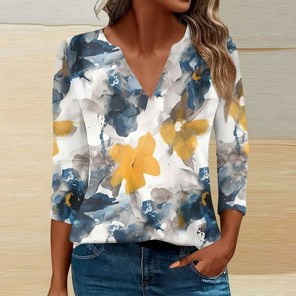 ICHUANYI Women 3/4 Sleeve Fashion Print Sleeve Blouse Women Plus Size Short Sleeve Tees T-Shirt Casual V Neck Tops