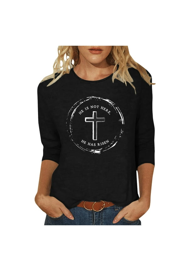 ICHUANYI Women 3/4 Sleeves Tunic Tops Casual Shirts Pullover Loose Print Blouse