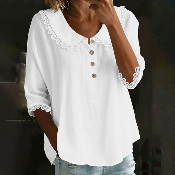 ICHUANYI Women Button-down Long Sleeve Shirt Textured Button Down Cotton Work Blouse Eyelet Ruffle Collar Dressy Casual Tops