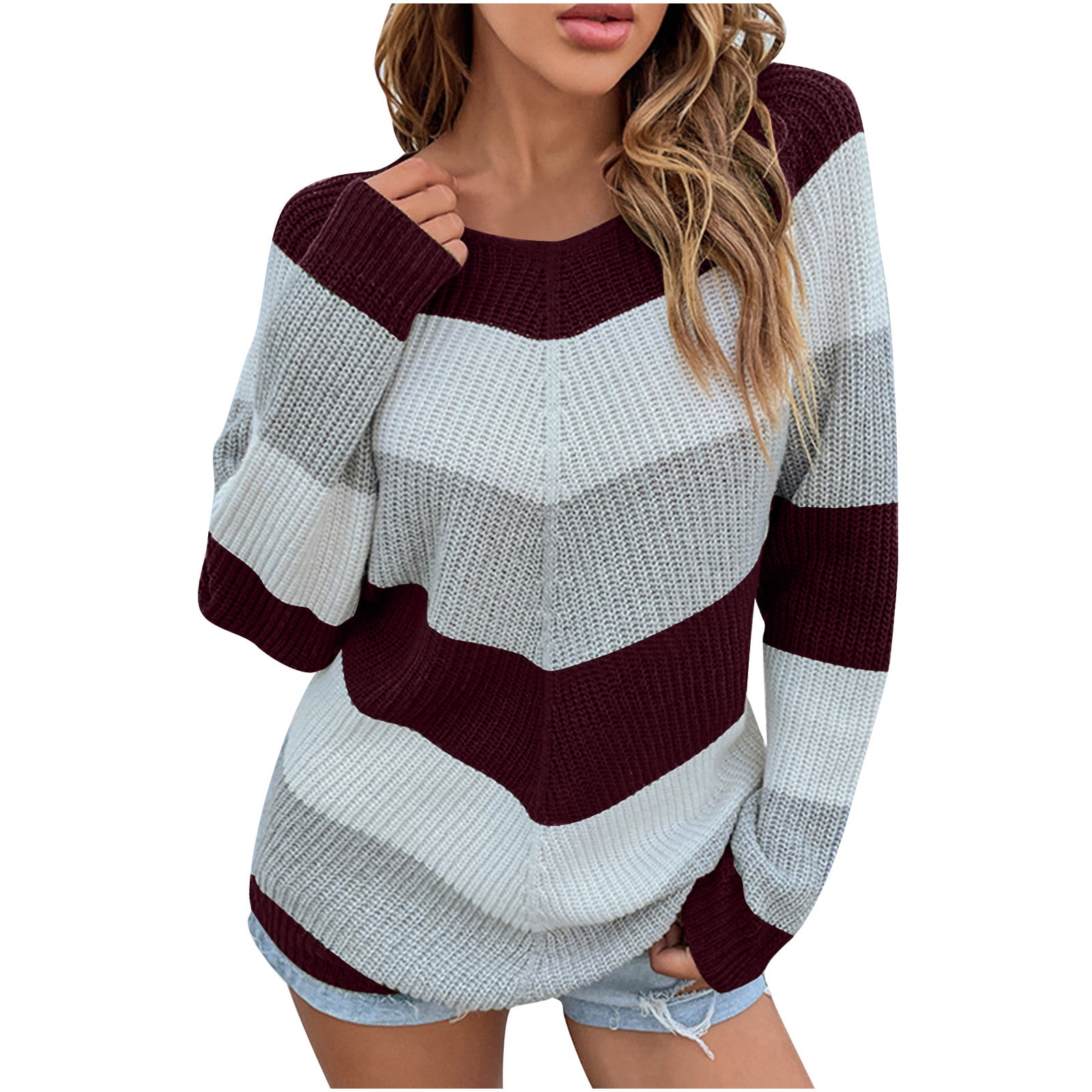 ICHUANYI Women Casual Fashion Color Matching Pullover Long Sleeve Round ...