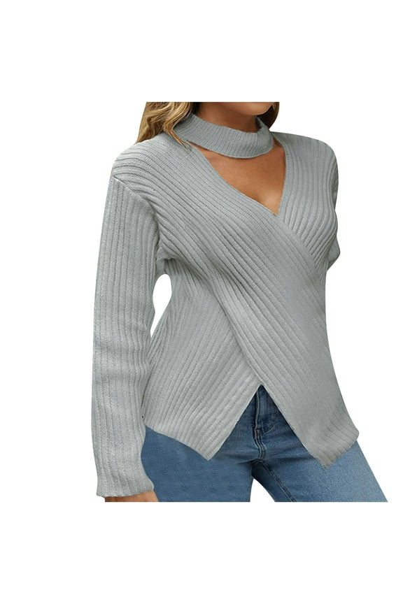 ICHUANYI Women Casual V Neck Long Sleeve Sweaters Cross Wrap Front Off Shoulder Asymmetric Hem Knitted Crop Solid Pullover