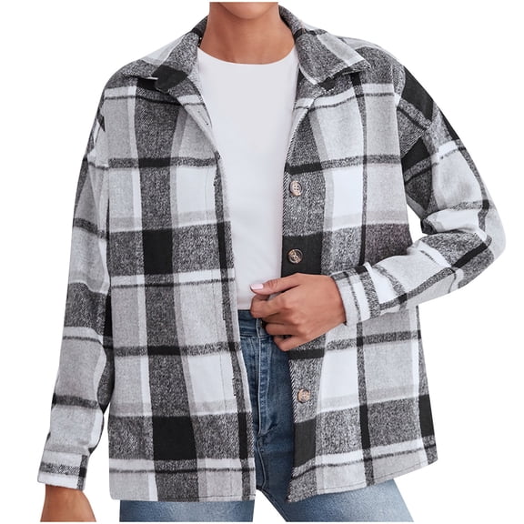 ICHUANYI Women Fall Winter Plaid Blouse Long Sleeve Lapel Shirt Woolen Coat Tops