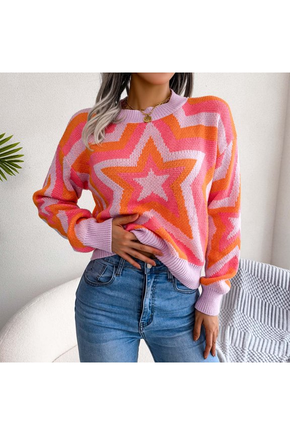 ICHUANYI Women Fashion Crewneck Long Sleeve Sweaters 2023 Fall Winter Oversized Star Print Ribbed Knit Pullover Sweater Top