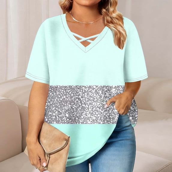 ICHUANYI Women Oversized T Shirts V Neck Plus Size Short Sleeve Striped Print Tees Casual Tunic Summer Tops