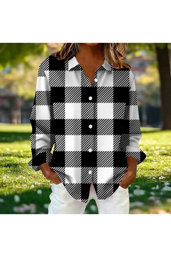 ICHUANYI Women Retro Plaid Print Button Down Shirts Long Sleeve Wrinkle Free Dress Shirts Casual Collared Blouses Loose Work Tops