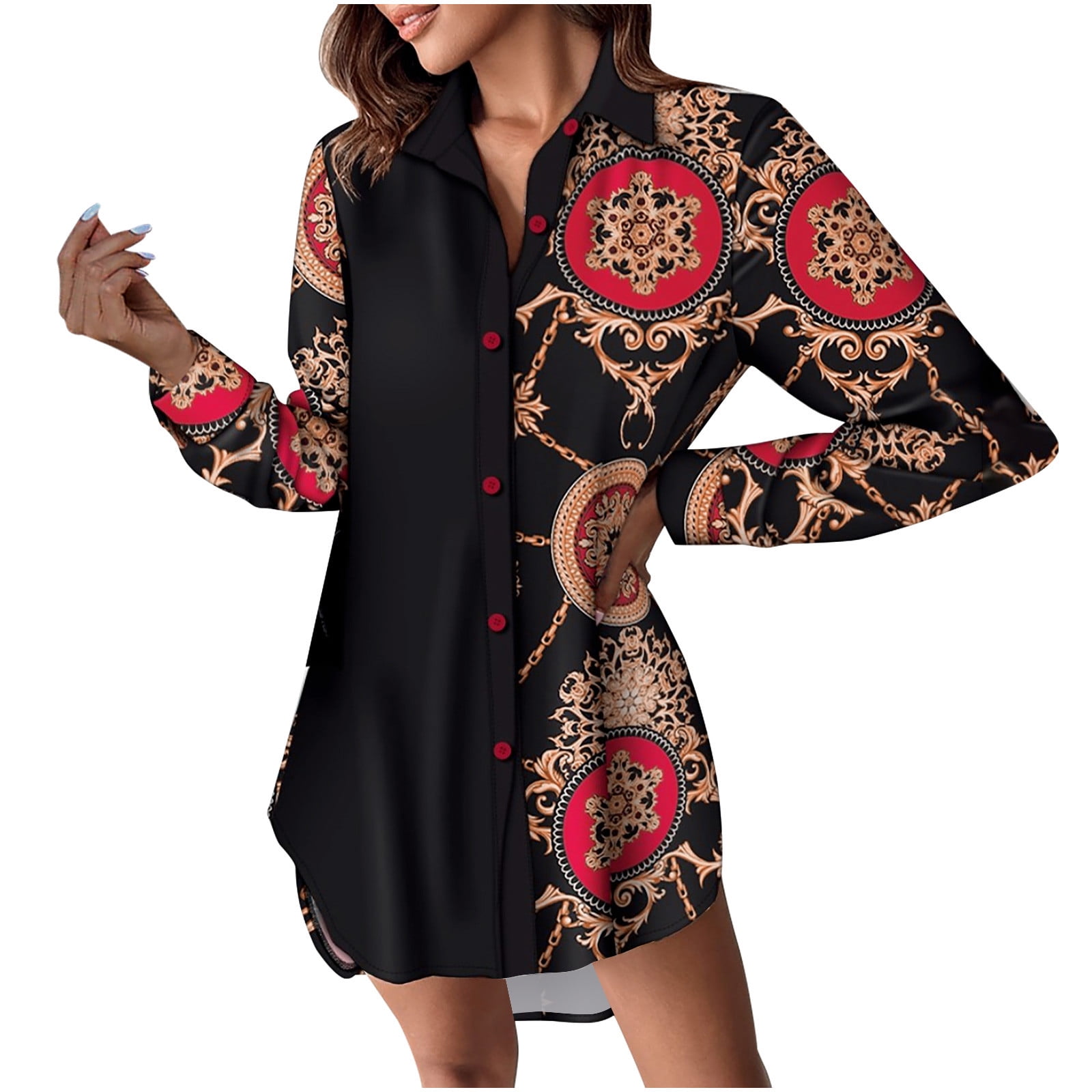ICHUANYI Women Shirt Dress Long Sleeve V Neck Floral Print ICHUANYI Women Shirt Dress Long Sleeve V Neck Floral Print