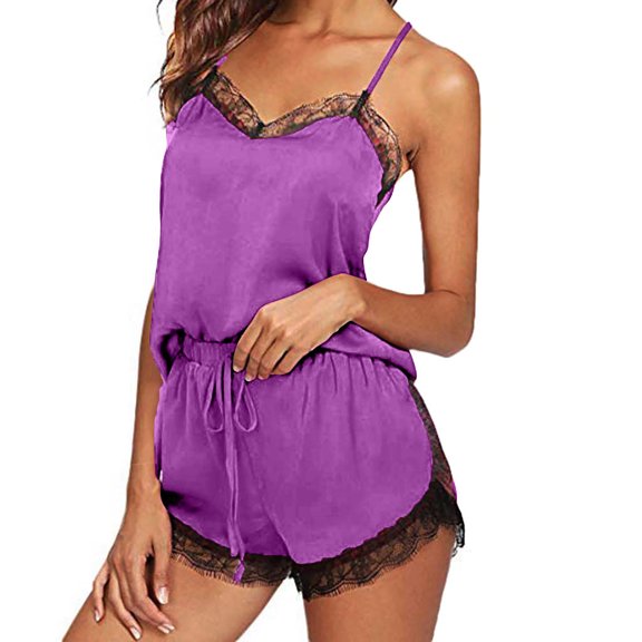 ICHUANYI Women Sleepwear Sleeveless Strap Nightwear Lace Trim Satin Cami Top Pajama Sets