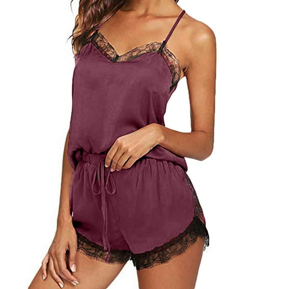 ICHUANYI Women Sleepwear Sleeveless Strap Nightwear Lace Trim Satin Cami Top Pajama Sets