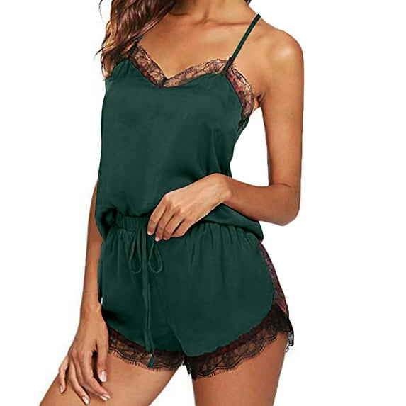 ICHUANYI Women Sleepwear Sleeveless Strap Nightwear Lace Trim Satin Cami Top Pajama Sets