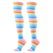 ICHUANYI Women Trendy Multi Neon Color Fancy Design Thigh High Rainbow Striped Over the Knee Socks Stockings