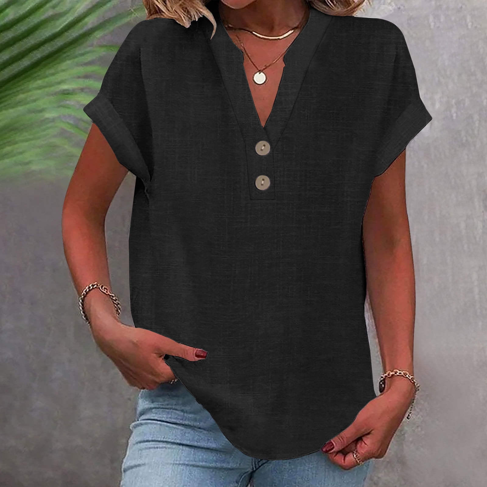 ICHUANYI Fashion Women's Solid Short Sleeve V-Neck Button