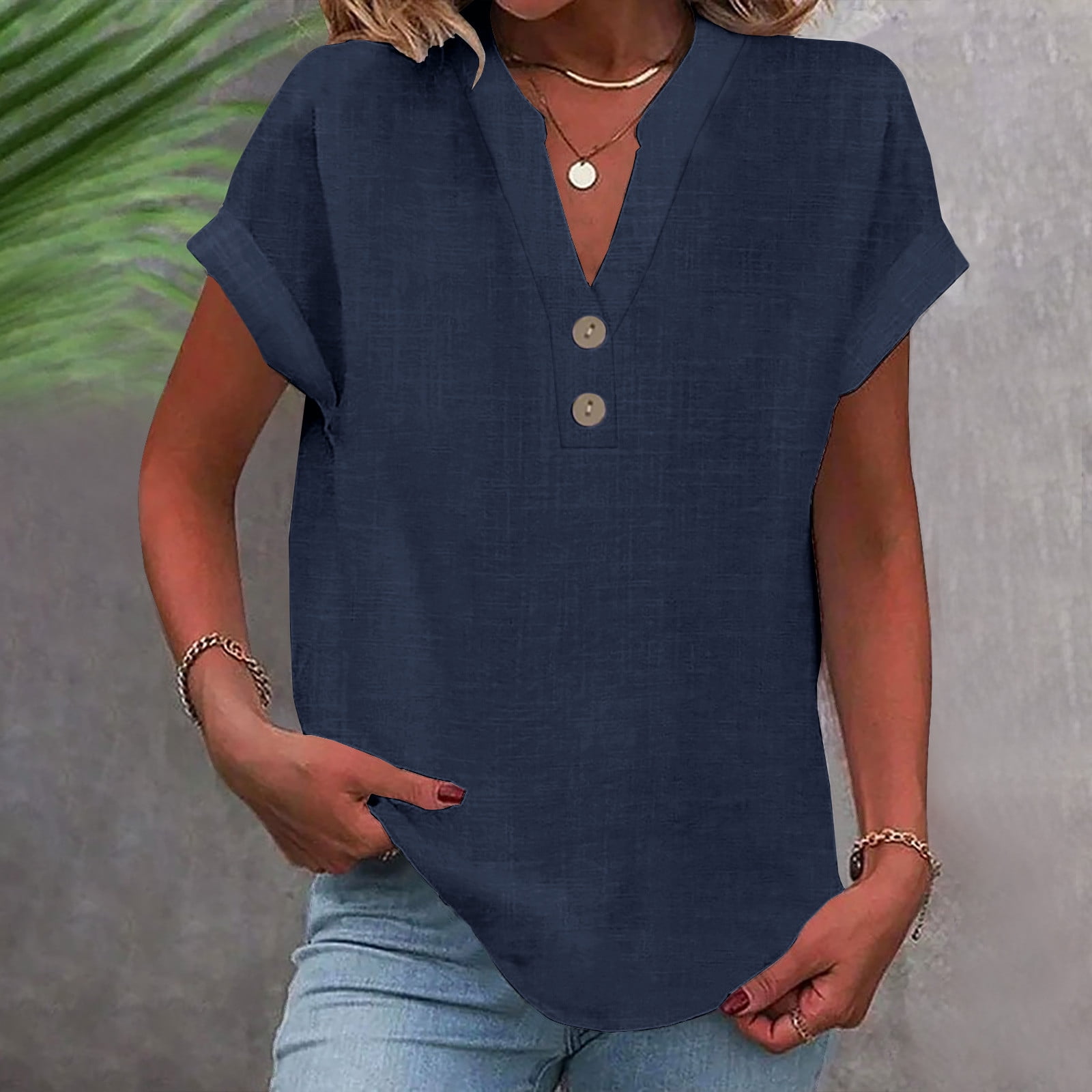 【WOOHWA】BUTTON V NECK SLEEVE ICHUANYI-Women-Wide-Leg-Jeans-