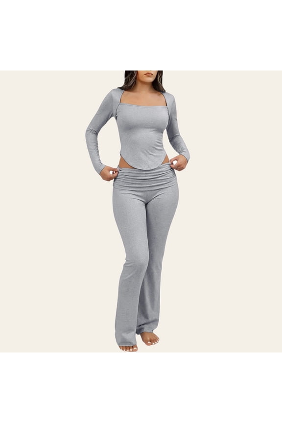 ICHUANYI Women’s 2 Piece Lounge Set, Fit Long Sleeve Round Neck Top Low Waist Flare Pants, Stretchy Outfit for Home & Travel