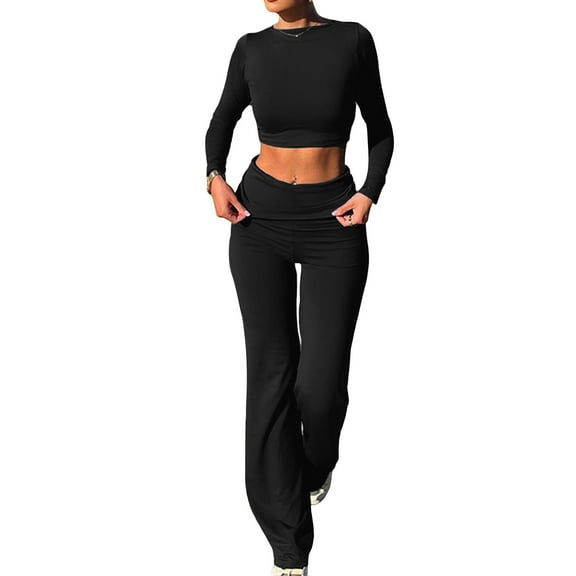 ICHUANYI Women's 2 Piece Sets Low Waist Fold-over Flare Pants Set Short/Long Sleeve Cropped Top Casual Outfits Pajamas
