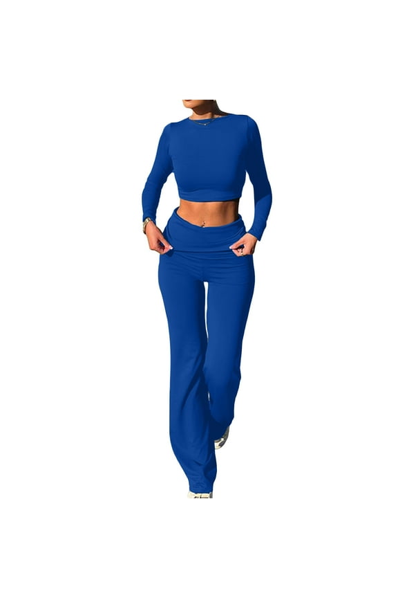ICHUANYI Women's 2 Piece Sets Low Waist Fold-over Flare Pants Set Short/Long Sleeve Cropped Top Casual Outfits Pajamas