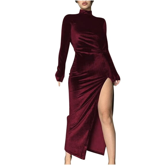 ICHUANYI Women's 2022 And Winter High Neck Long Velvet Dress Slim Pleated Split Dress Spring Summer Fashion 2024